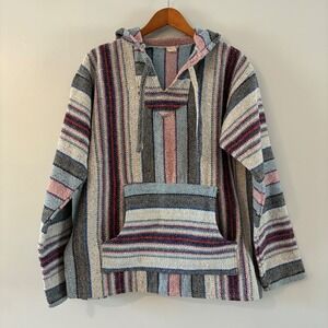 Molina Baja Hoodie Blue Pink Striped Woven Mexican Pullover Boho Festival